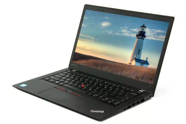 Laptop Lenovo ThinkPad T460s Refurbished abierta con pantalla Full HD de 14 pulgadas