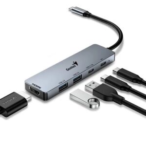 Caja del Hub Genius UH-500 con especificaciones de 5 puertos USB-C